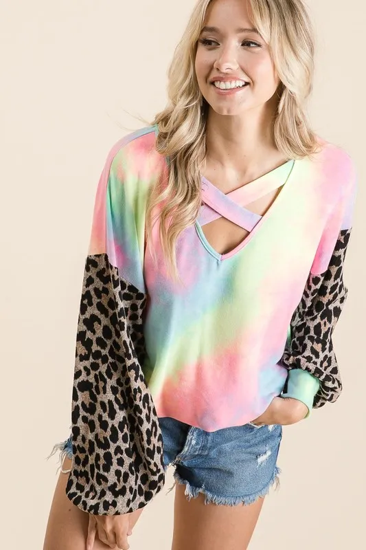 Tie Dye Terry Top with Leopard Puff Sleeves, image 4
