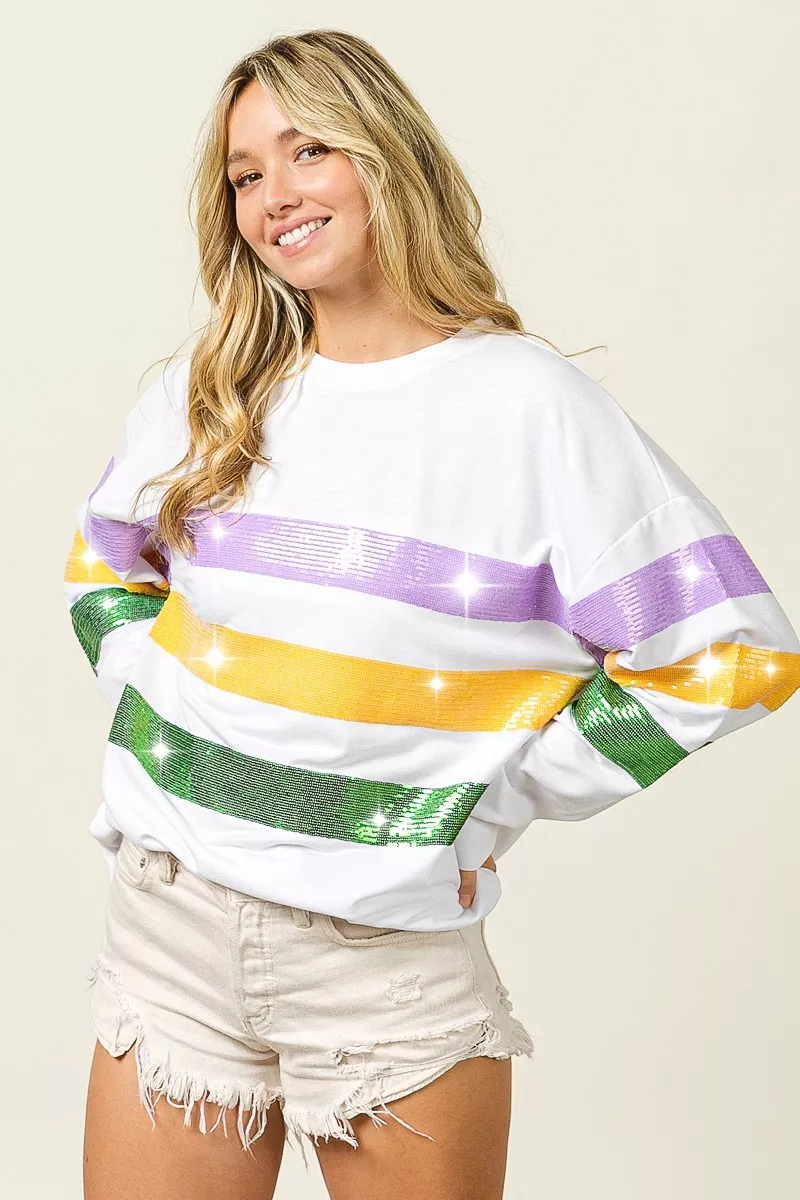 Sequin Mardi Gras Striped Round Neck Sweatshirt, image 12