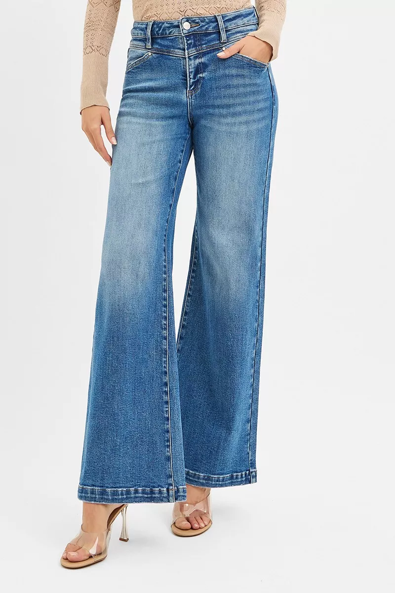 High Rise Wide Leg Jenas with Front Yoke and Heart Back Pocket, image 4