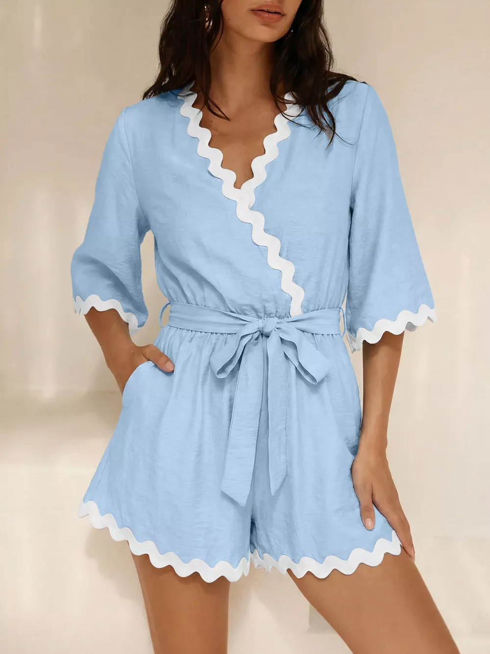 Scalloped Trim Wrap Romper, image 21