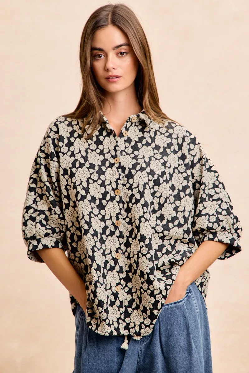 Floral Jacquard Short Dolman Sleeves Shirt