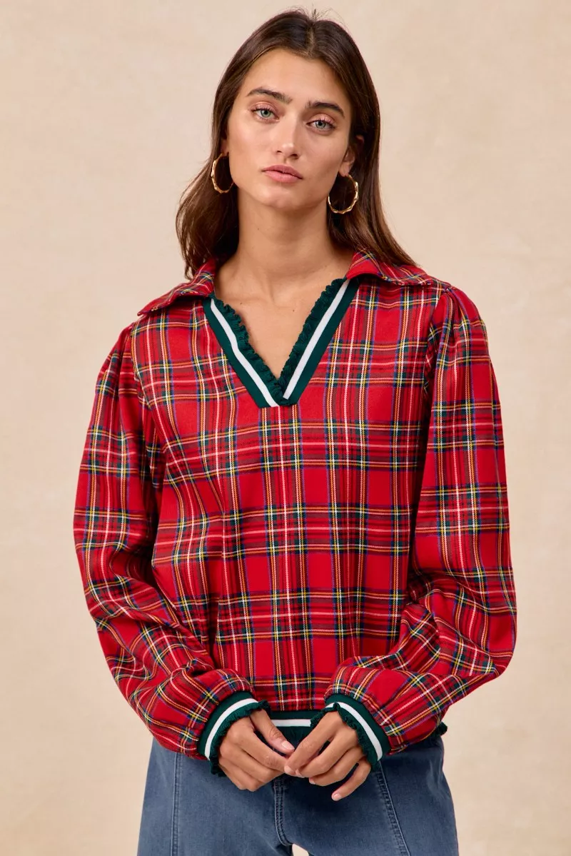 Christmas Plaid Collared Top with Ruffled Detail
