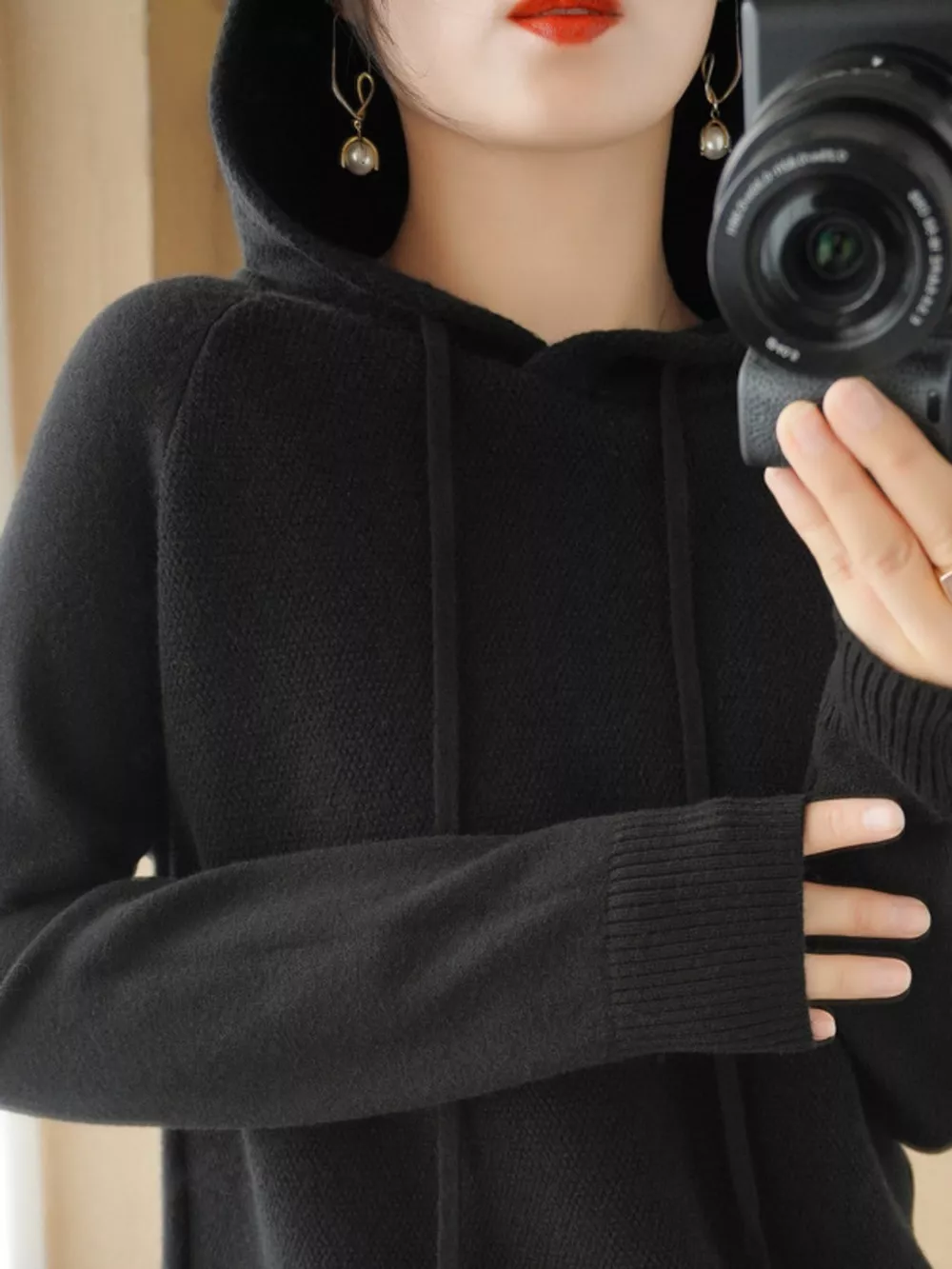 Drawstring Long Sleeve Hooded Knit Sweater, image 56