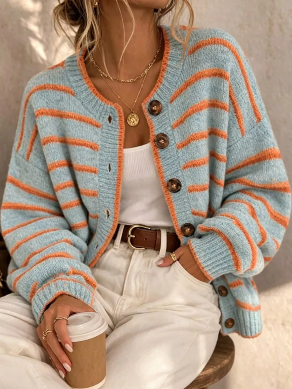 Striped Button-Down Knit Cardigan