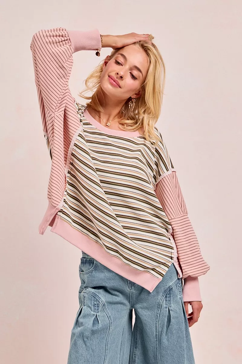 Stripe Mixed Top With Cut Edge And Reverse Outseam, image 5