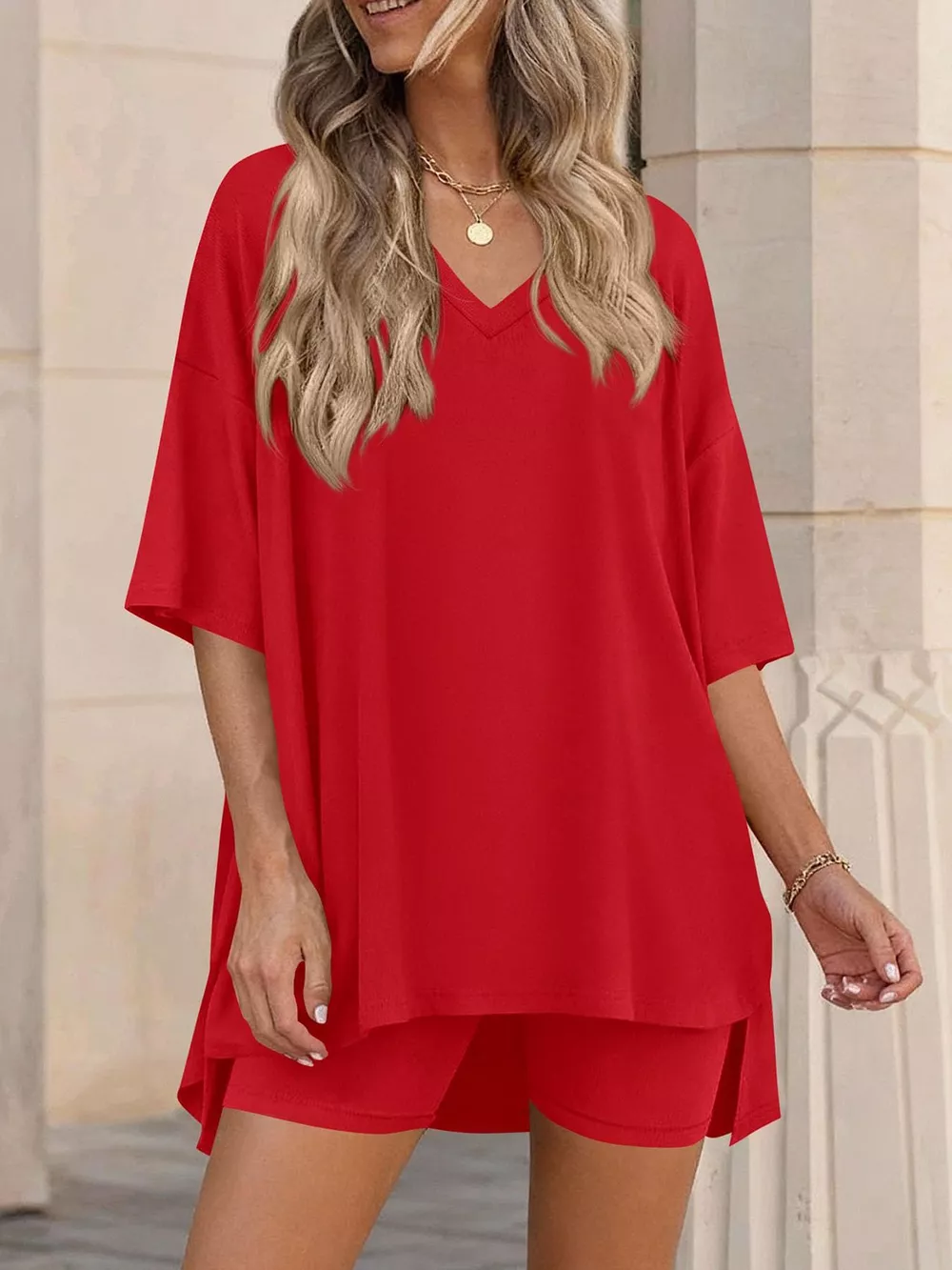 Full Size Casual Loose V-Neck T-Shirt & Shorts Set Plus Size, image 23