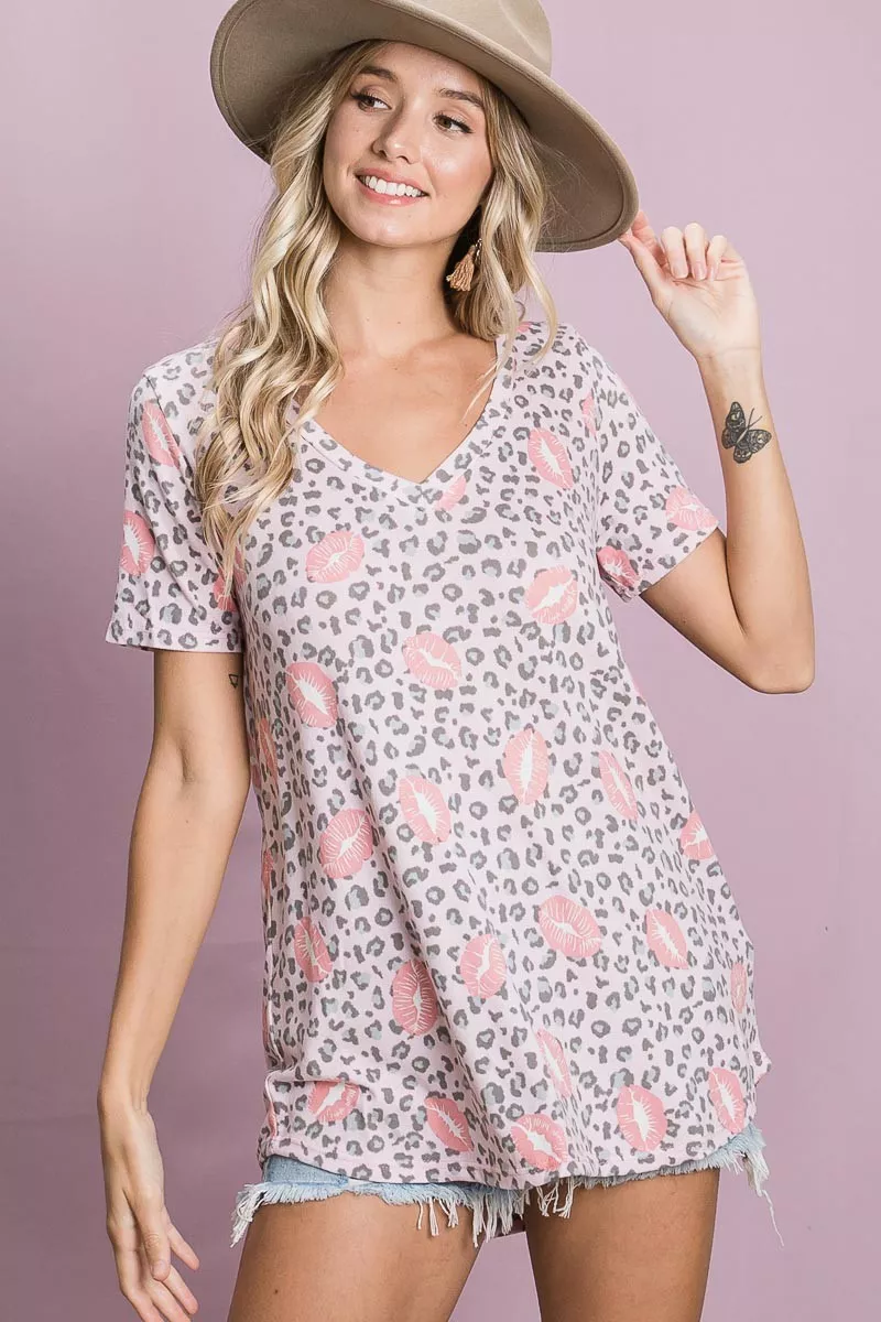 Leopard Lips Print Top V Neck Top, image 9
