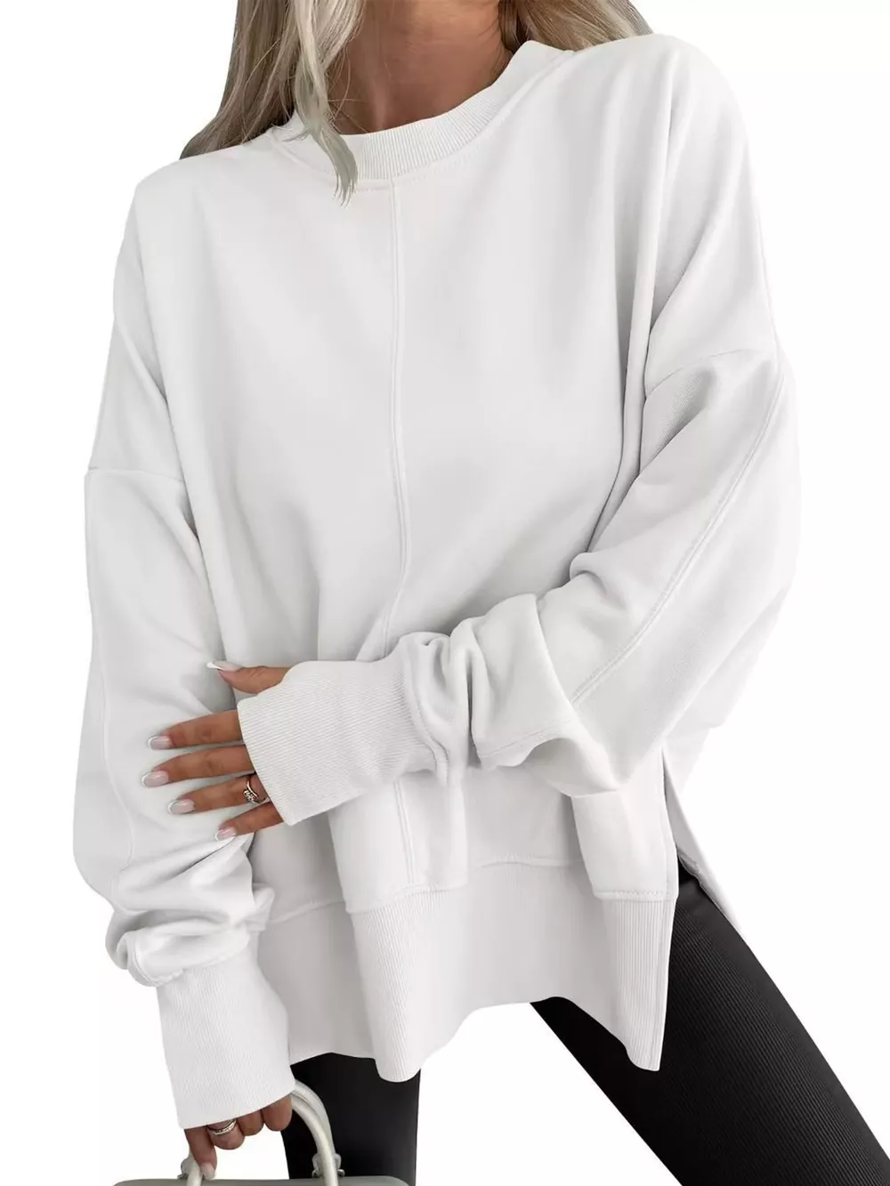 Oversized Crew Neck Sweatshirt with Side Slit, image 26