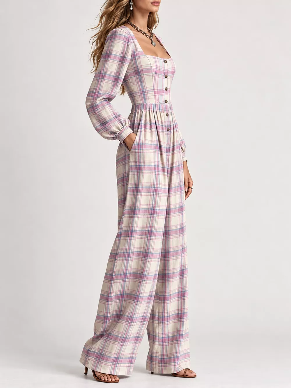 Plaid Square Neck Long Sleeve Wide-Leg Jumpsuit, image 21