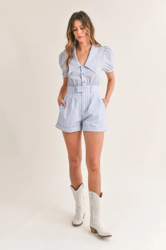 Striped Puff Sleeve Collared Neck Romper, image 8