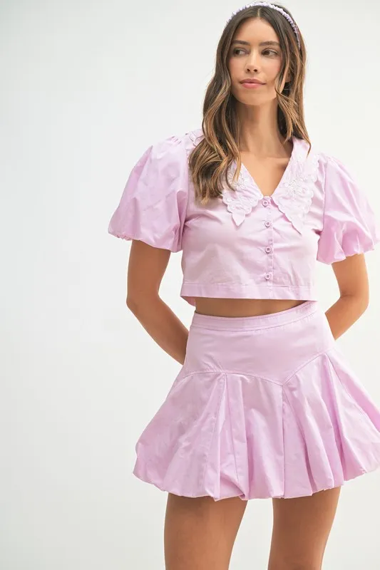 Puff Sleeve Button Down Top and Bubble Skirt Set