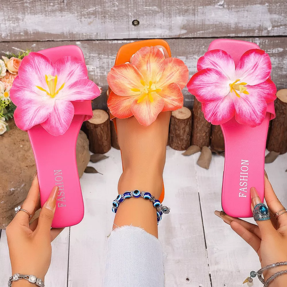 Floral Embellished Square Toe Slide Sandals, image 2