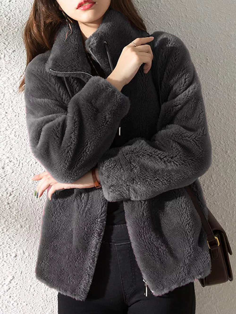 Full Size Drawstring Faux Fur Stand-Collar Zip-Up Outerwear Plus Size, image 14
