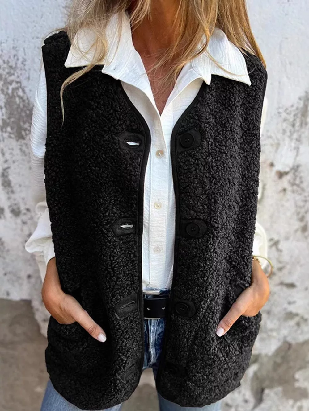 Full Size Sherpa Button-Down Vest Coat Plus Size, image 4