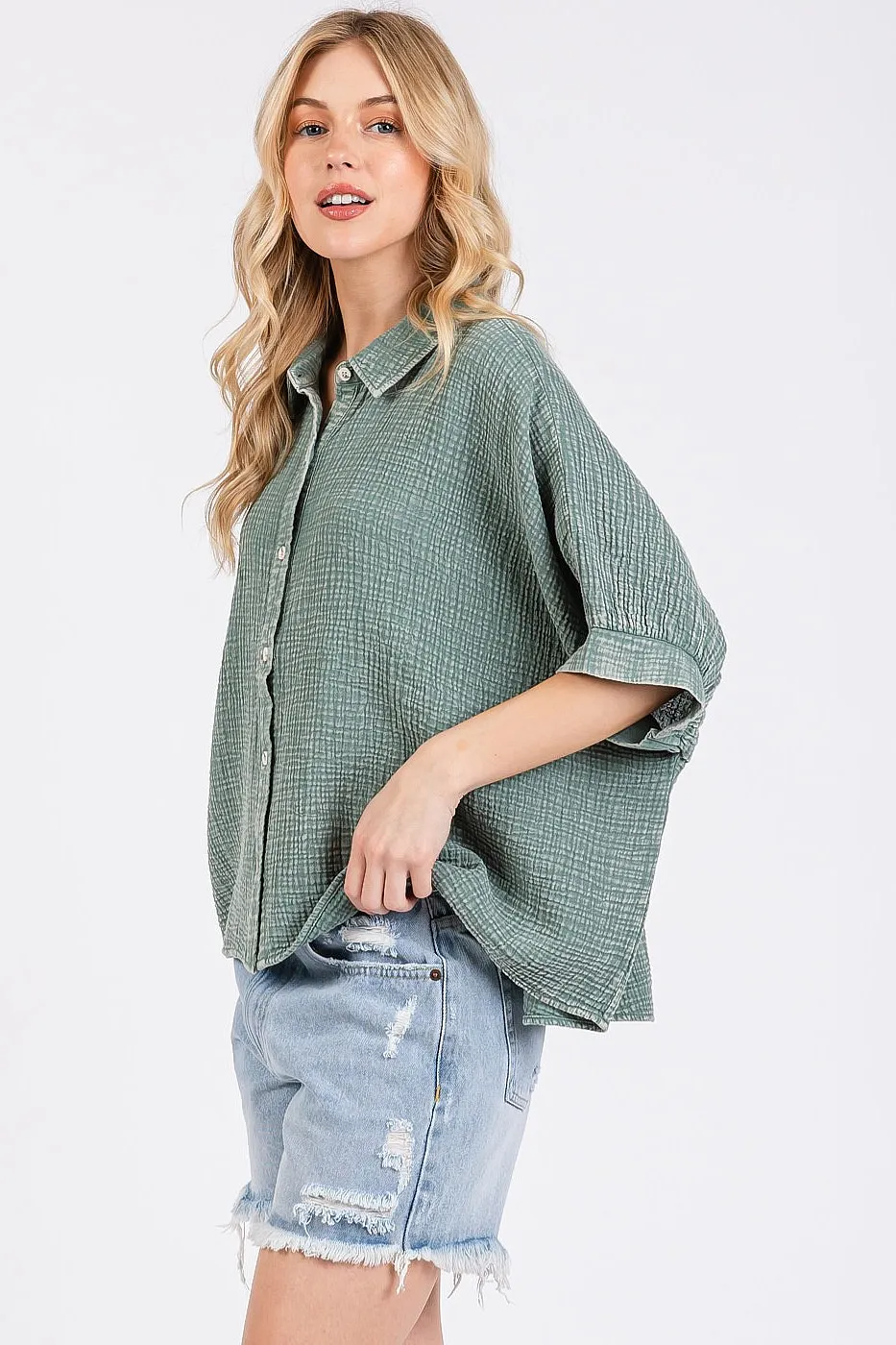 Mineral Wash Gauze Dolman Sleeve Button Down Shirt, image 4