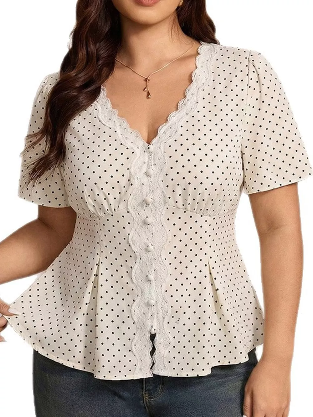 Plus Size Polka Dot V-Neck Lace Trim Peplum Blouse, image 3