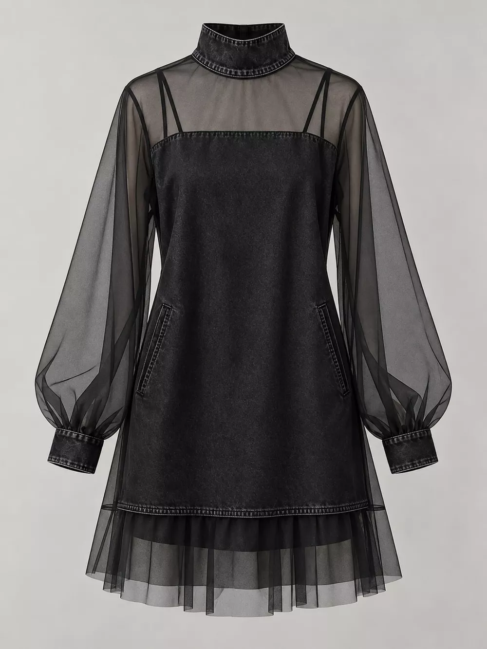 Full Size Mock Neck Sheer Mesh Patchwork Denim Dress Plus Size, image 8
