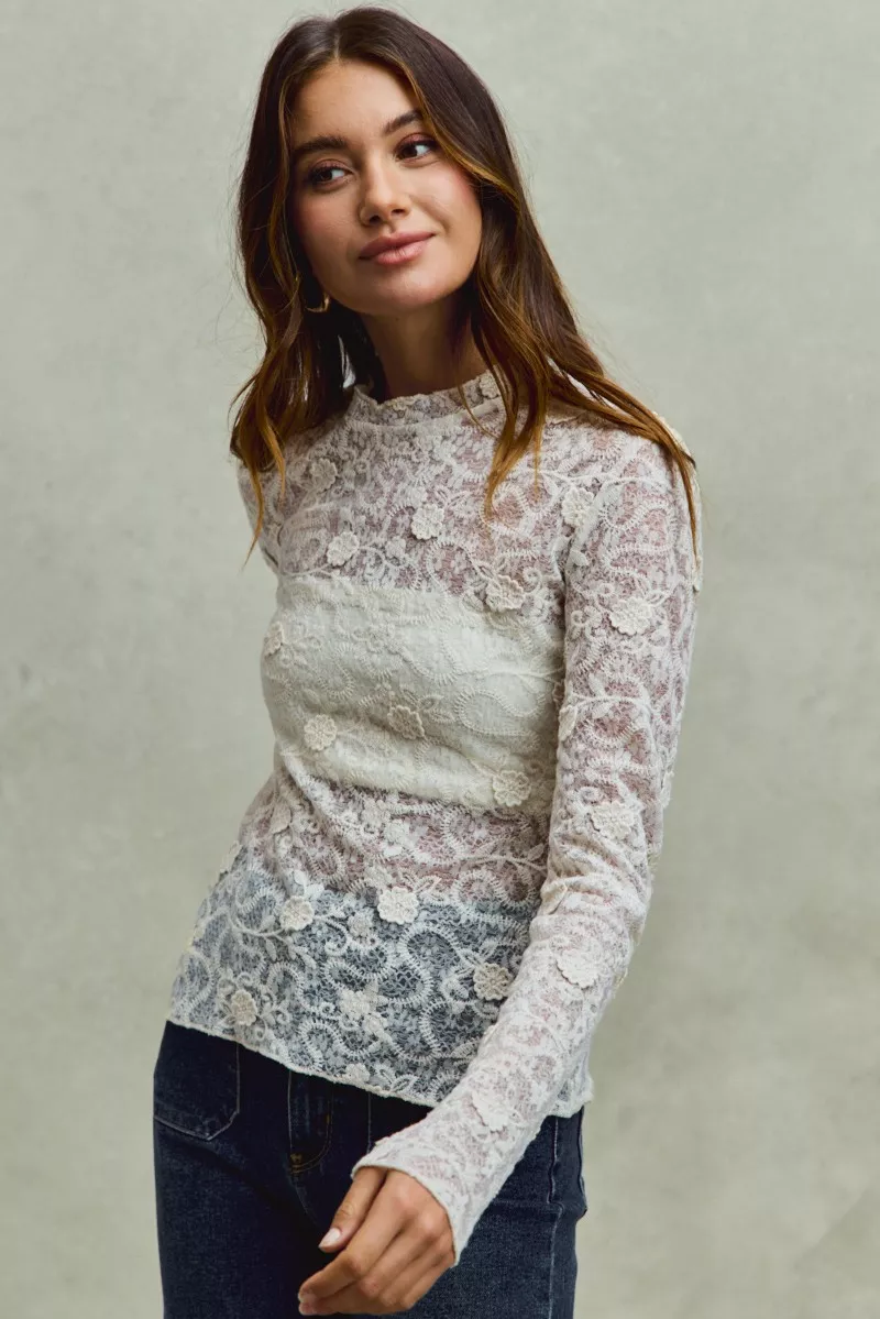 Lace Long Sleeve 3d Effect Floral Layering Top, image 12
