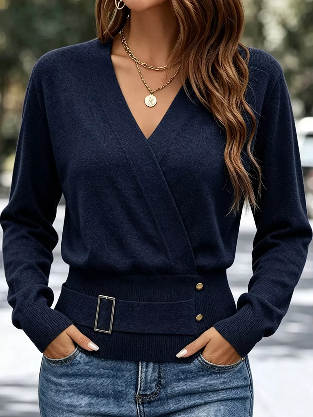 Surplice Elastic Waist Long Sleeve Knit Top, image 8