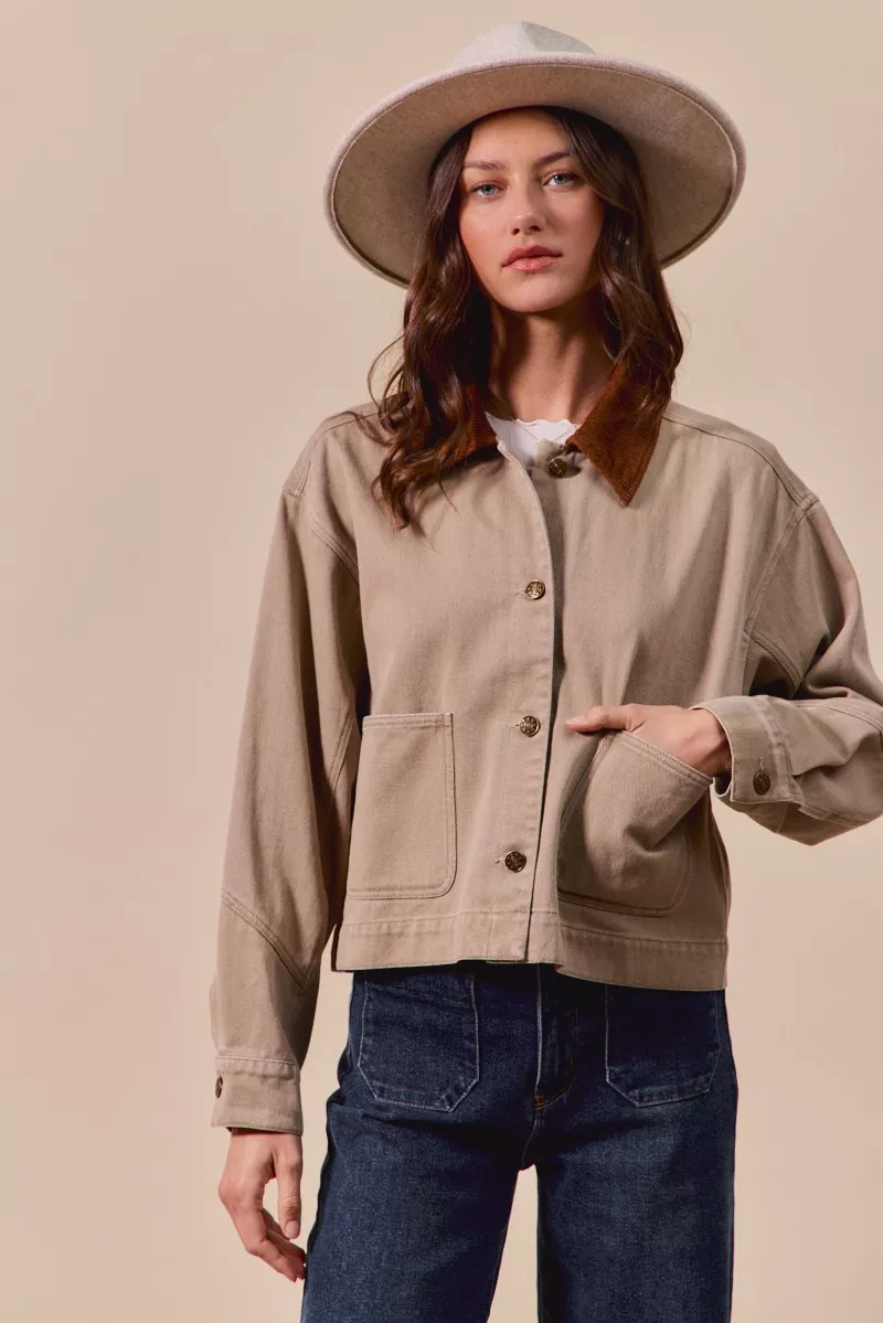 Cotton Twill Cropped Barn Jacket wtih Collar, image 9