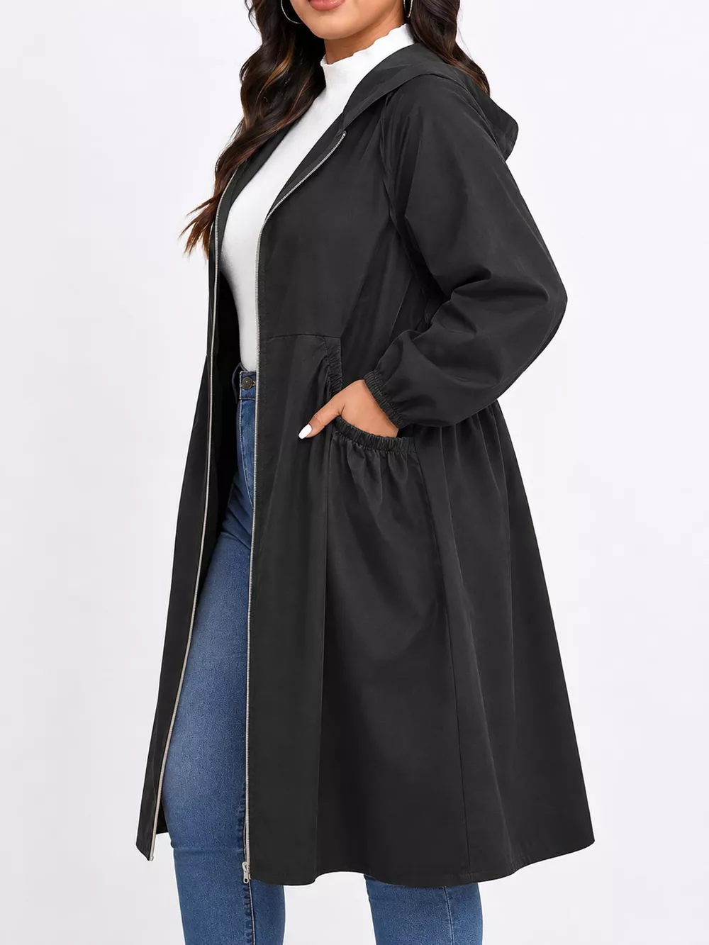 Plus Size Hooded Zip-Up Longline Windbreaker Outerwear, image 5