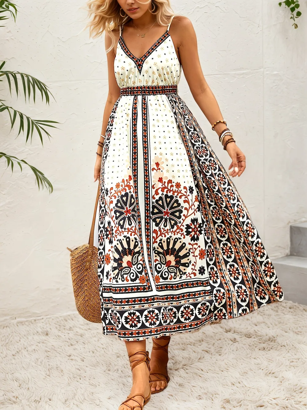 Printed V-Neck Midi Cami Dress, image 5