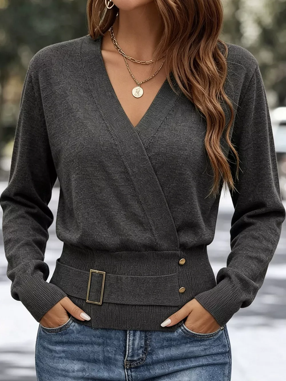 Surplice Elastic Waist Long Sleeve Knit Top, image 3
