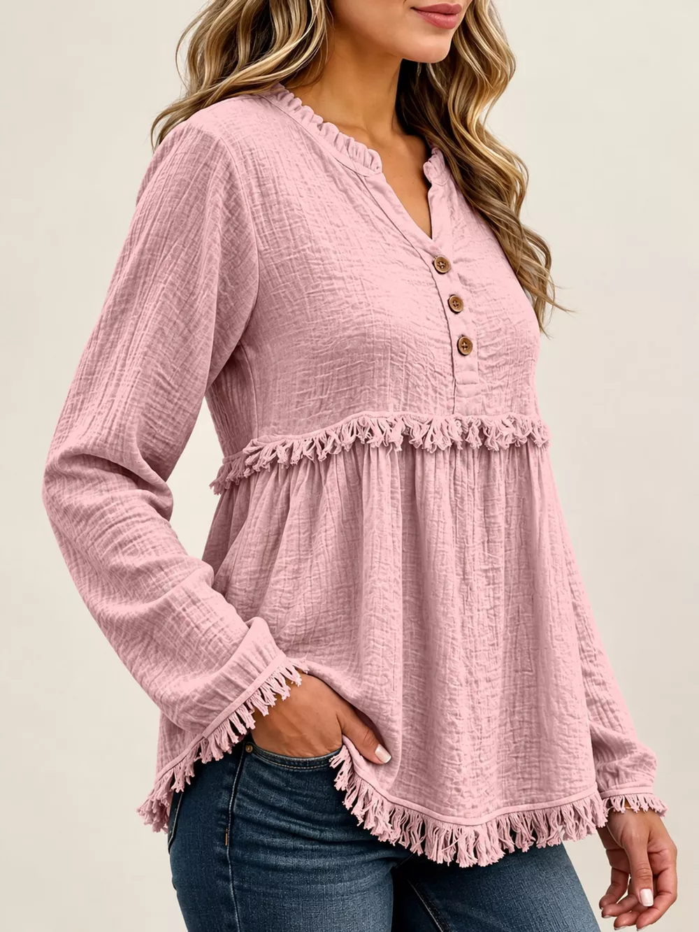 Full Size Frayed Hem Button Detail Blouse Plus Size, image 22