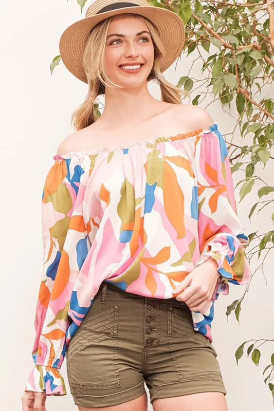Abstract Print Off-the-shoulder Long Sleeve Top, image 3