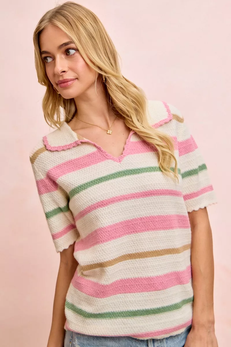 Multi Colors Stripes Collared Knit Top, image 10