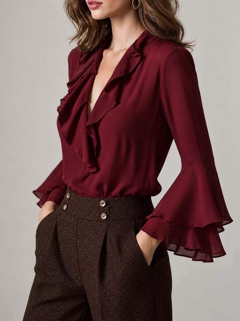 Ruffle-Trim V-Neck Blouse with Bell Sleeves, image 15