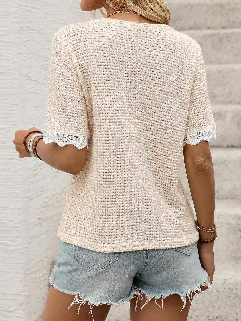 Lace Trim Waffle Knit T-Shirt, image 10