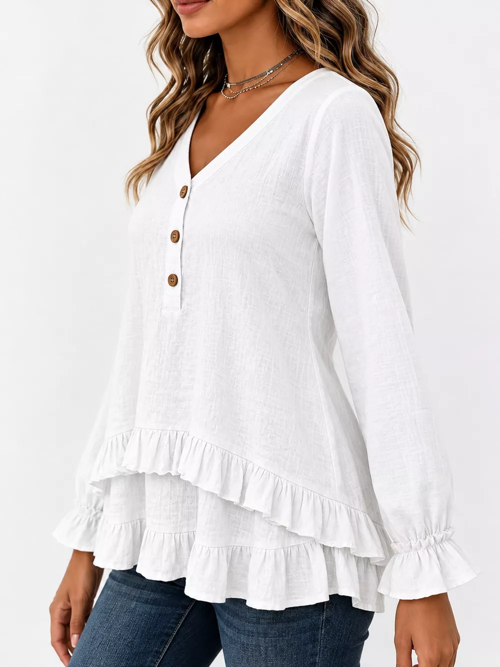 V-Neck Long Sleeve Ruffled Hem Blouse, image 8
