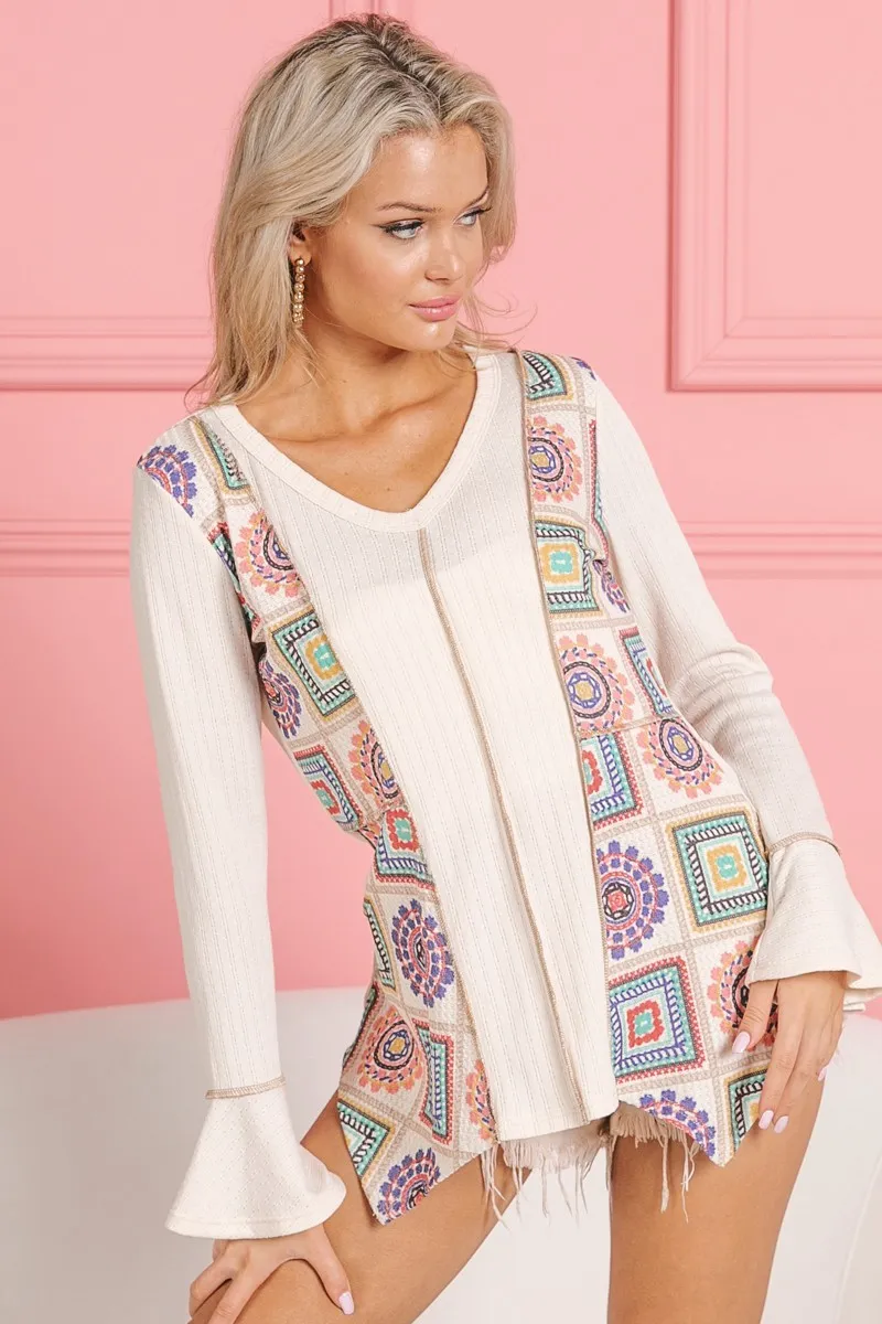 Granny Square Print Contrast Annie Rib V Neck Top, image 13