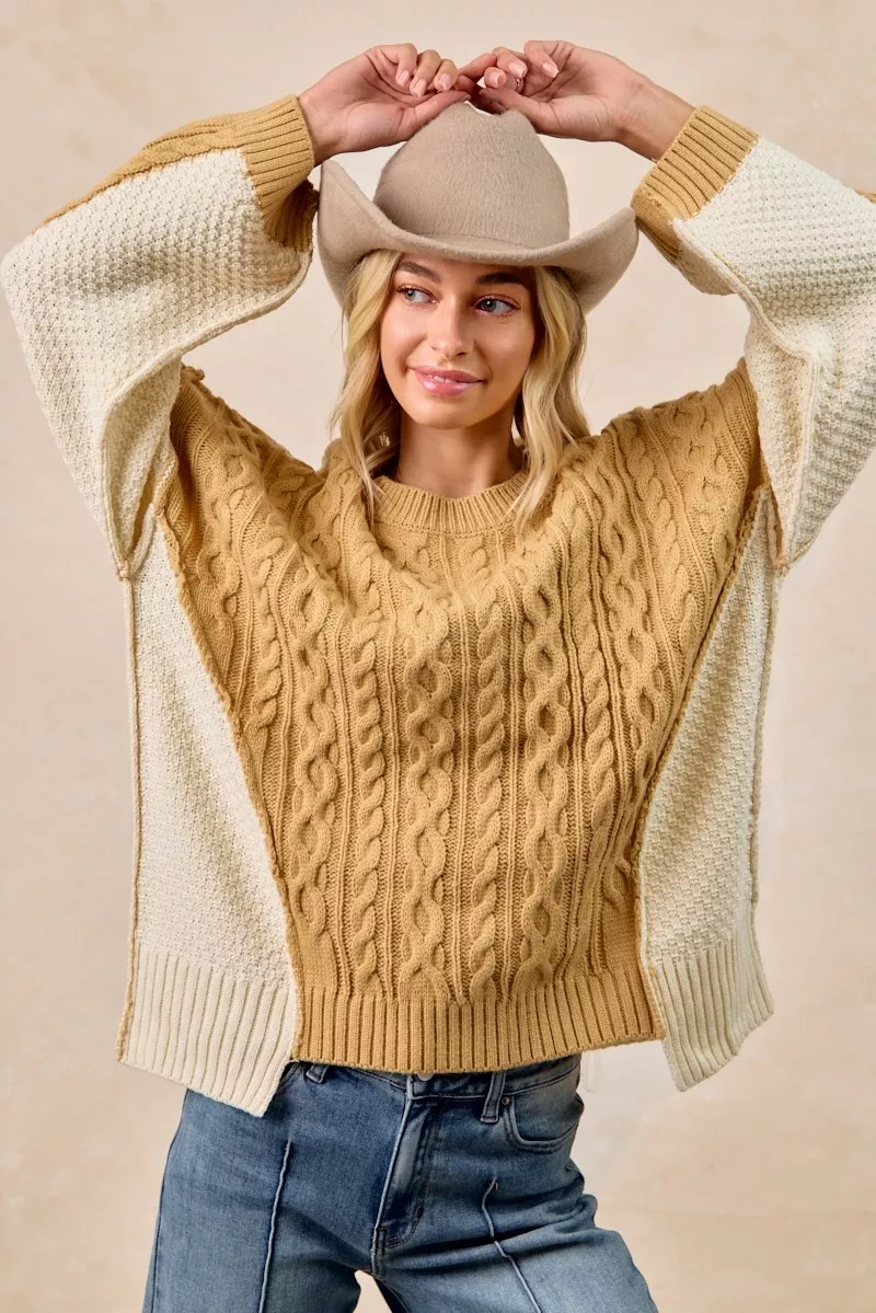 Cable Knit With Hacci Combo Sweater With Uneven Hem Detail, image 10