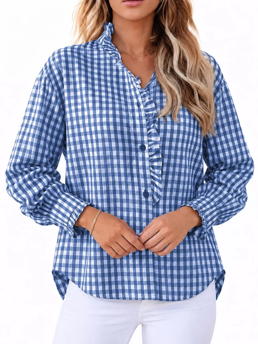 Gingham Ruffle Trim Stand Collar Shirt, image 22