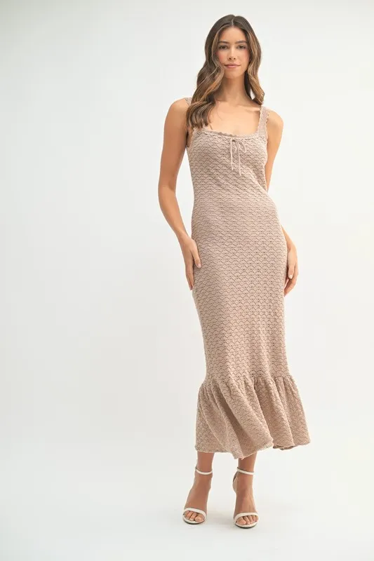 Ruffled Hem Sleeveless Crochet Knit Midi Dress