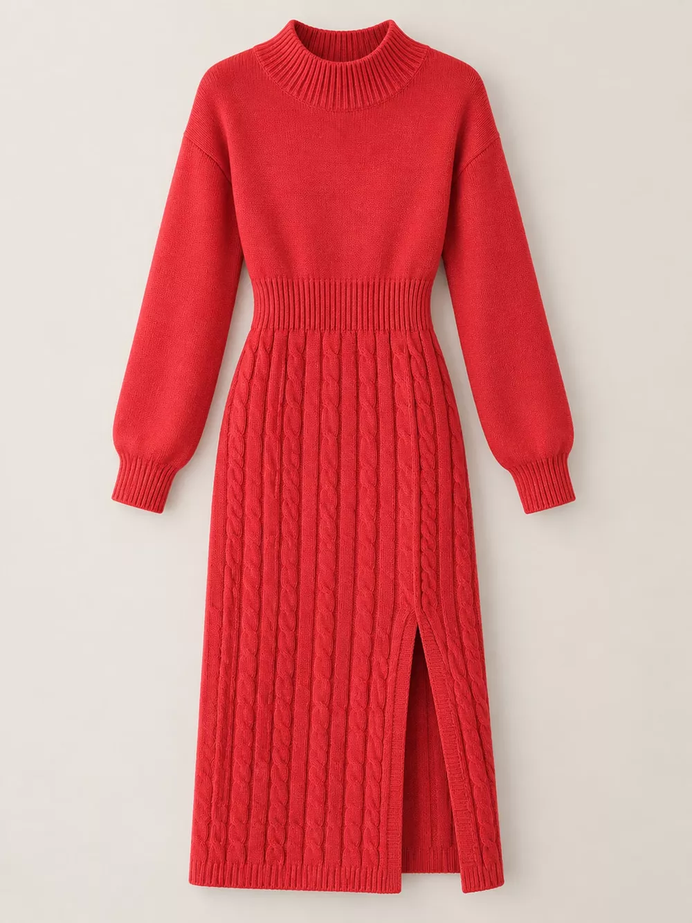 Full Size Mock Neck Cable Knit Sweater Dress with Front Slit Plus Size, image 23