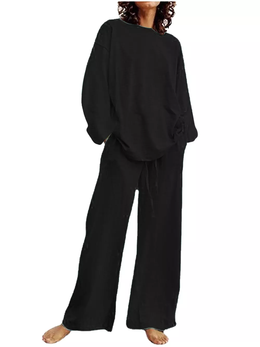 Full Size Round Neck Top and Drawstring Wide-Leg Pants Set Plus Size, image 6