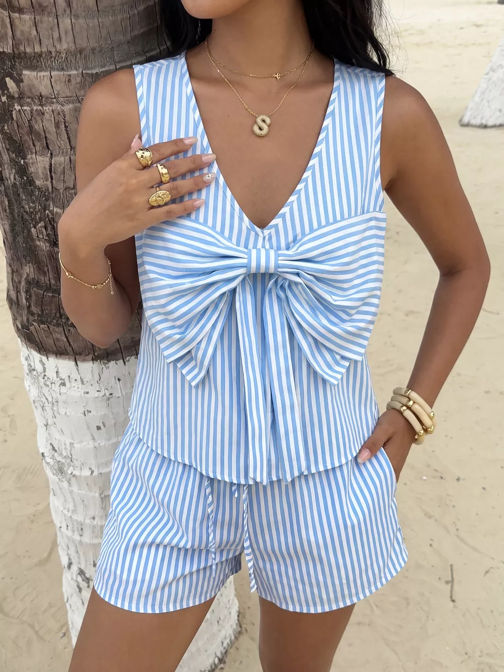 Striped Bowknot Sleeveless Top & Shorts Set, image 4