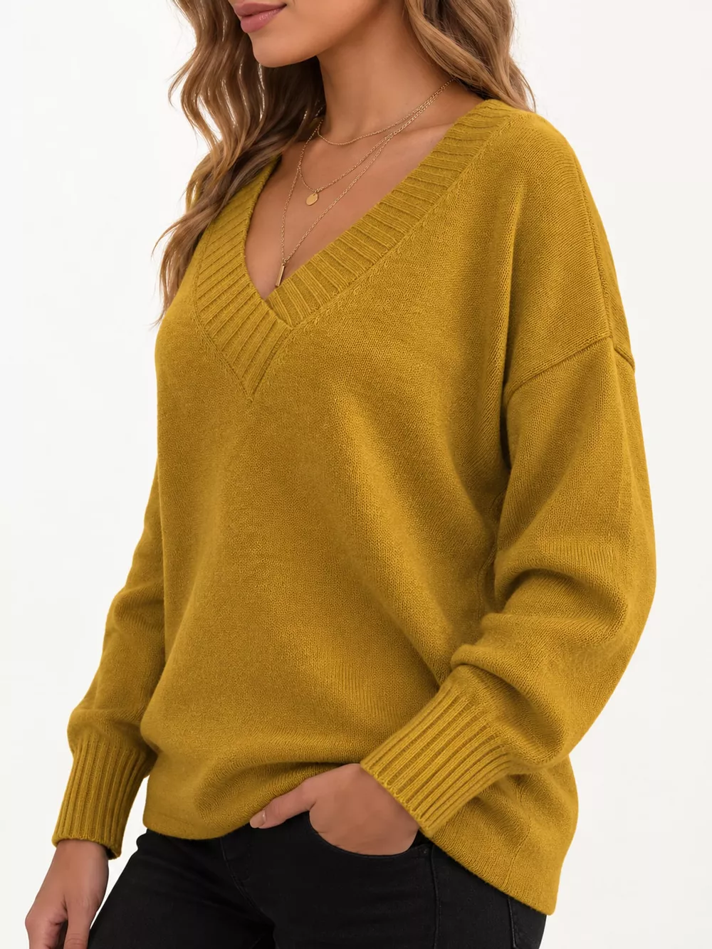Full Size V-Neck Dropped Shoulder Sweater Plus Size, image 15