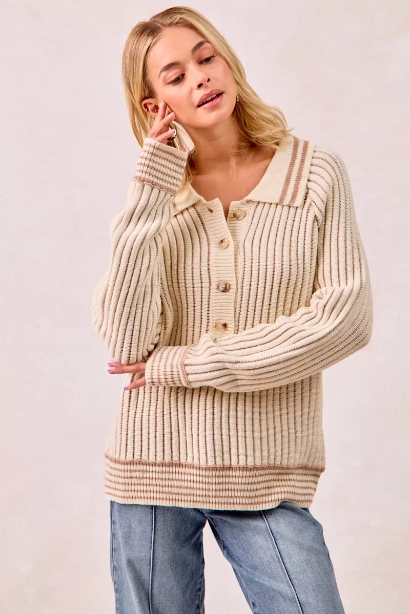 Half Button Ribbed Two Tone Sweater, image 17