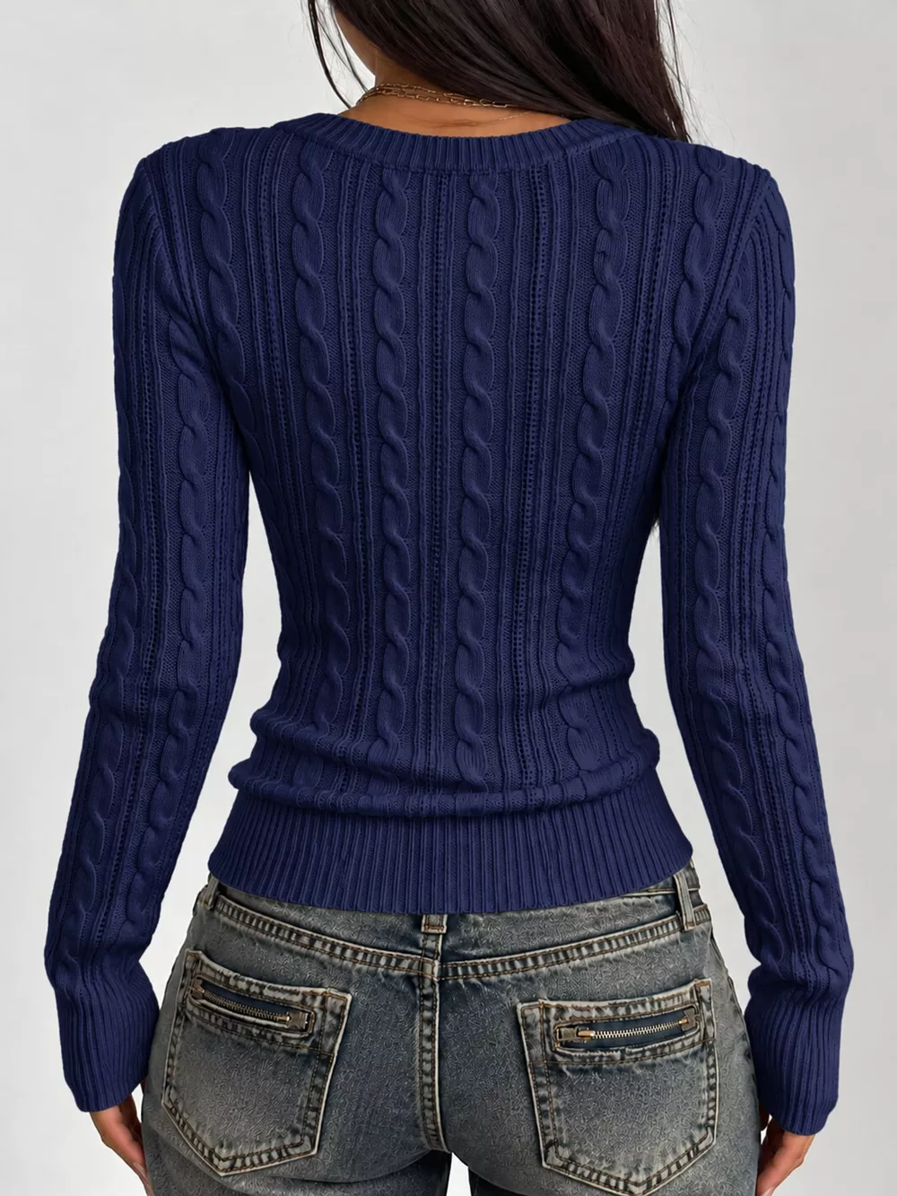 Slim-Fit Deep V-Neck Cable Knit Sweater, image 20