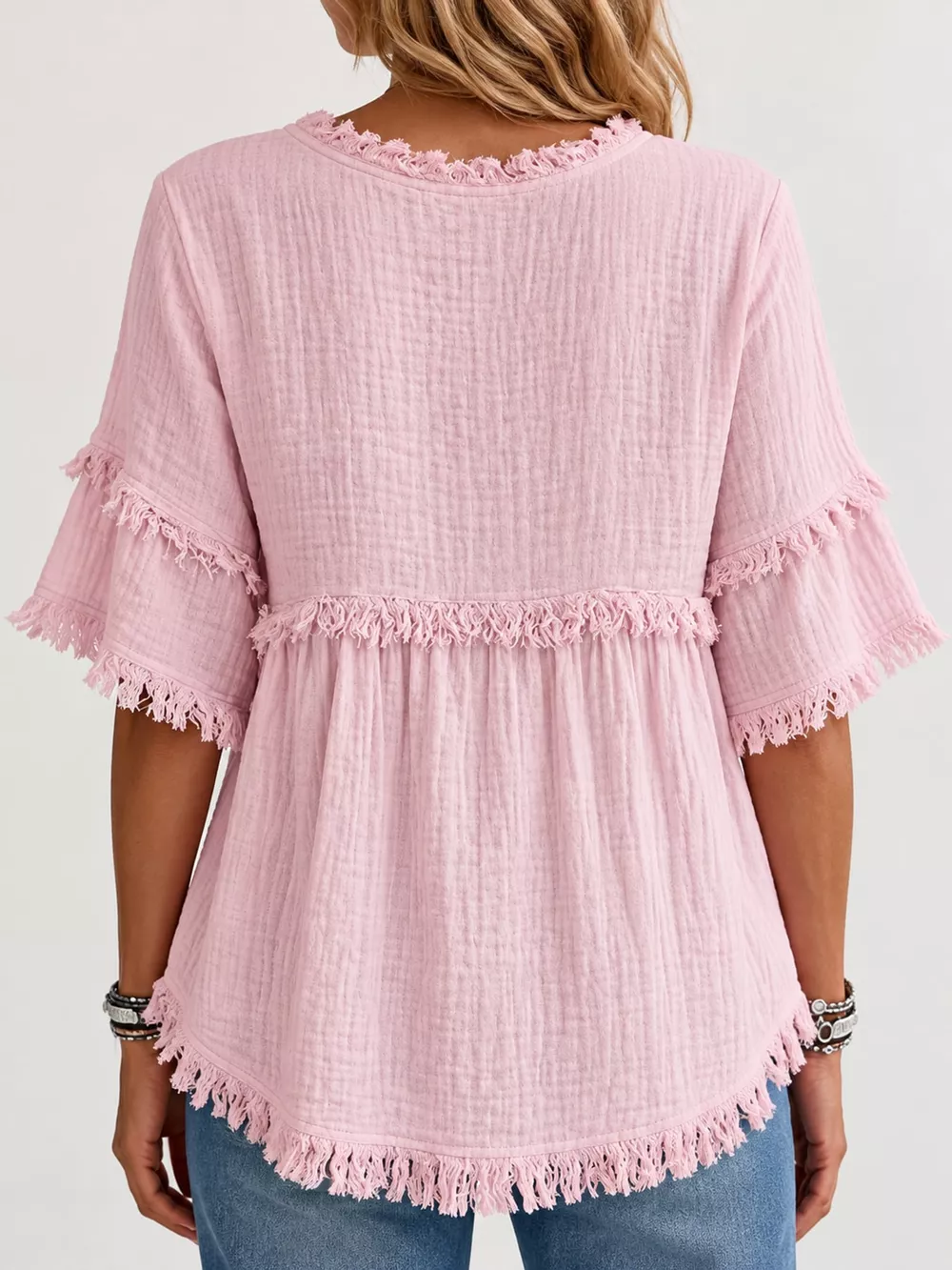 Full Size Frayed Edge Textured Blouse Plus Size, image 32