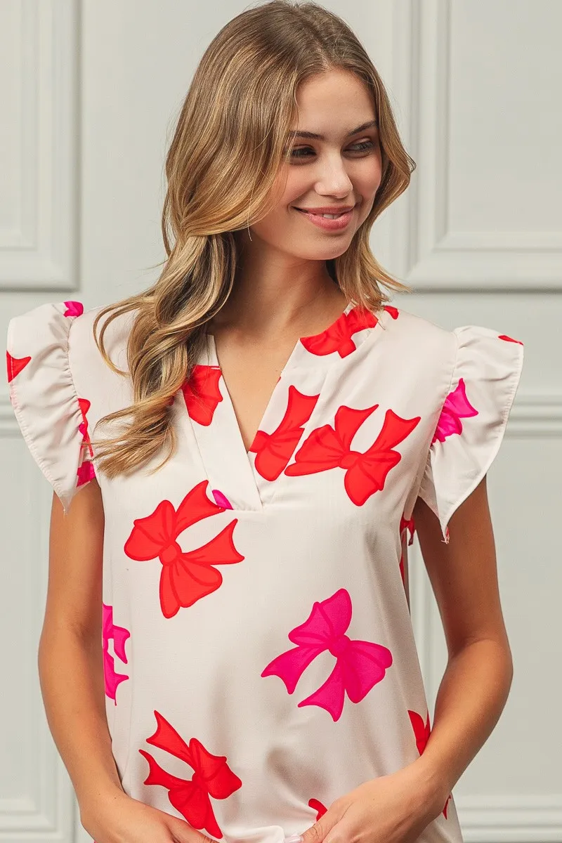 Bow Printed Woven Ruffled Sleeves V Neck Top, image 3