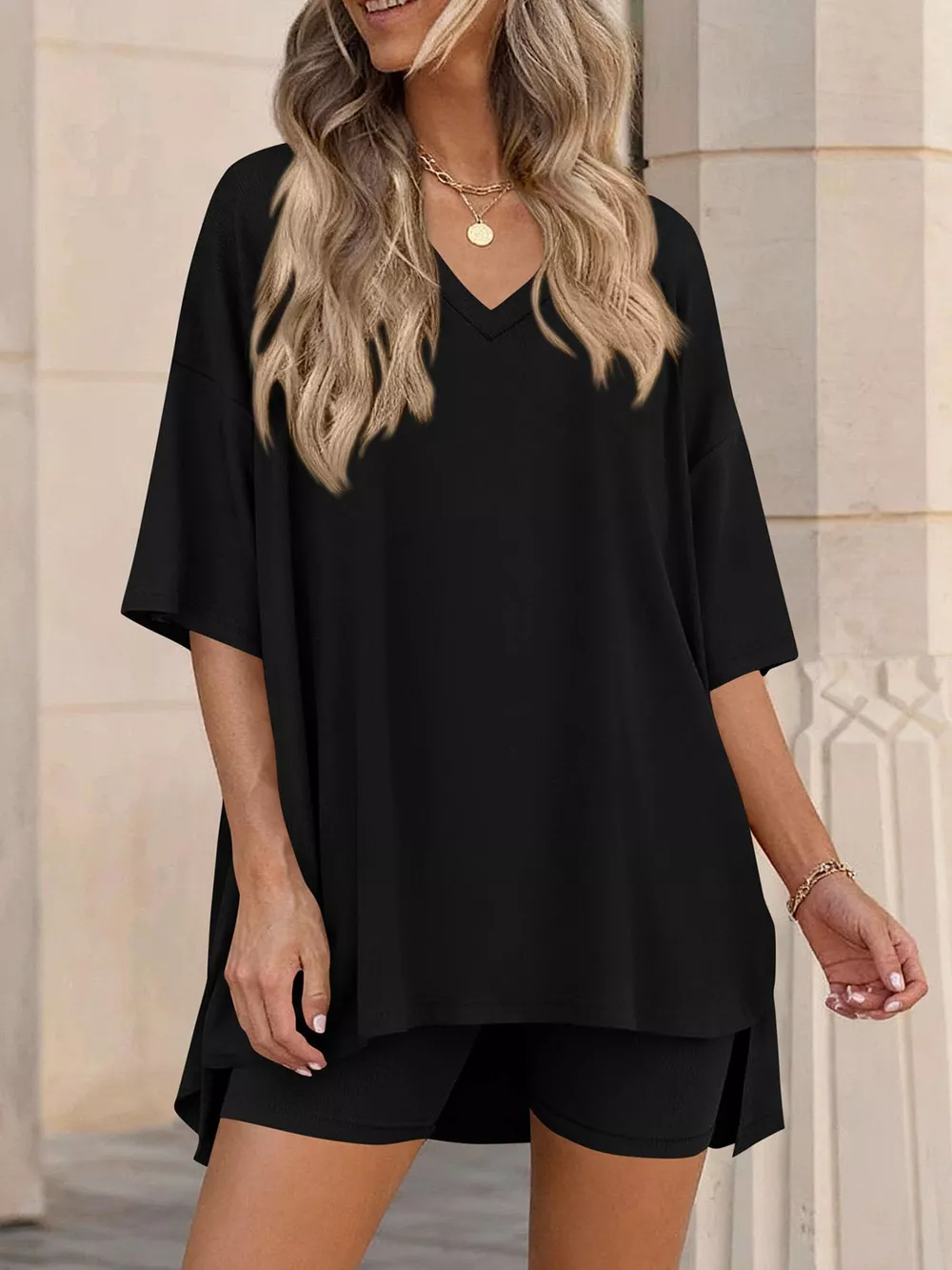 Full Size Casual Loose V-Neck T-Shirt & Shorts Set Plus Size, image 6