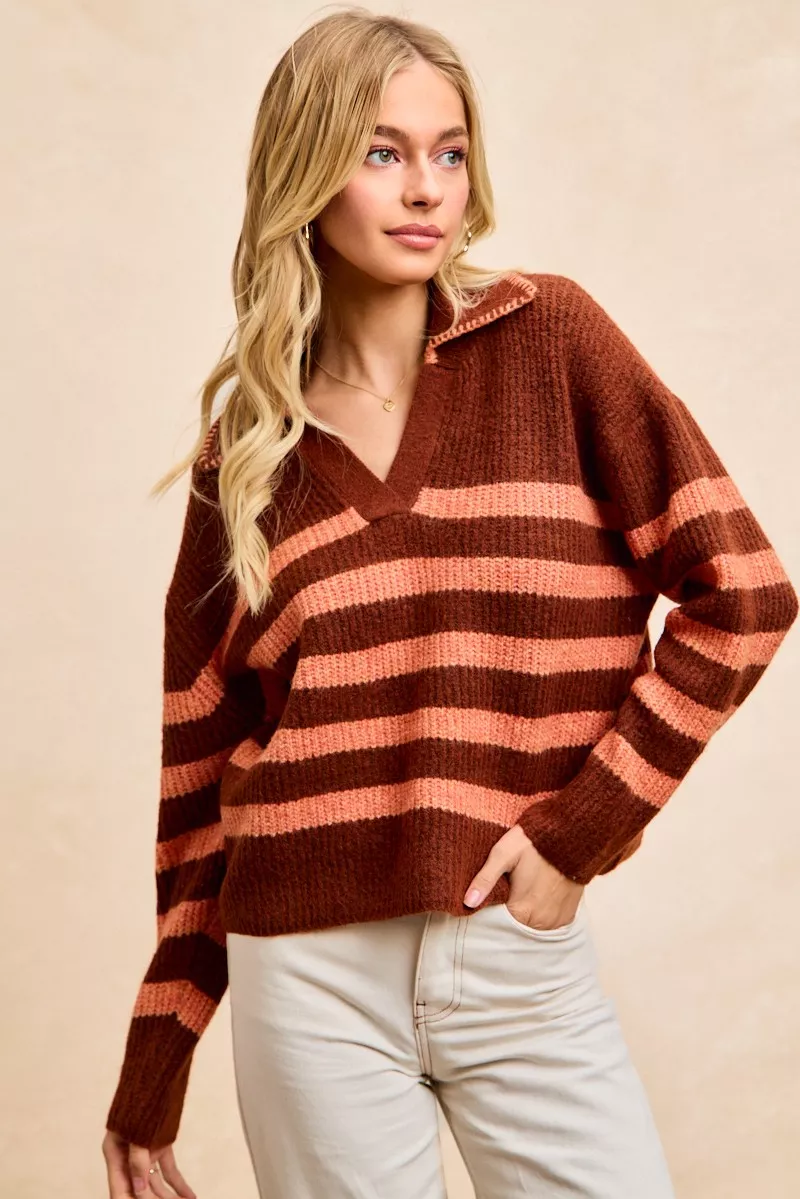 Striped Sweater Top with Collar Stitched Details, image 2