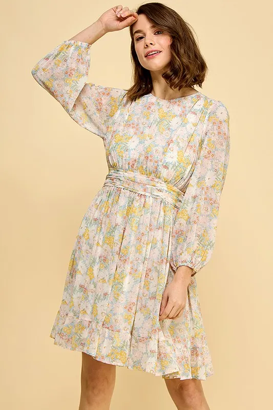Chiffon Floral Print Belted Dress with Back Zipper