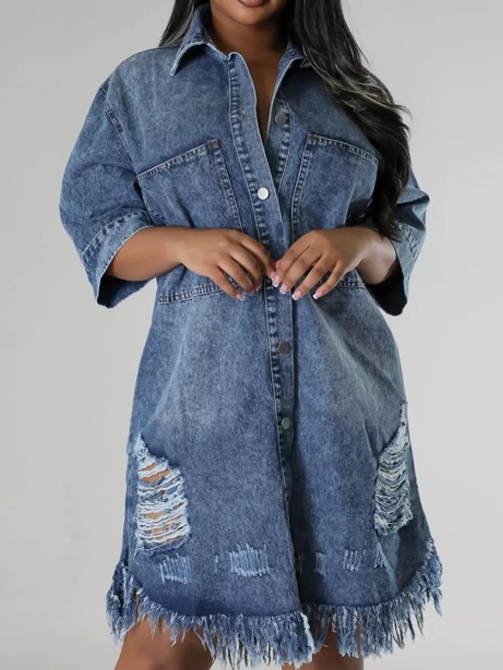 Plus Size Distressed Frayed Hem Button-Down Denim Dress, image 2