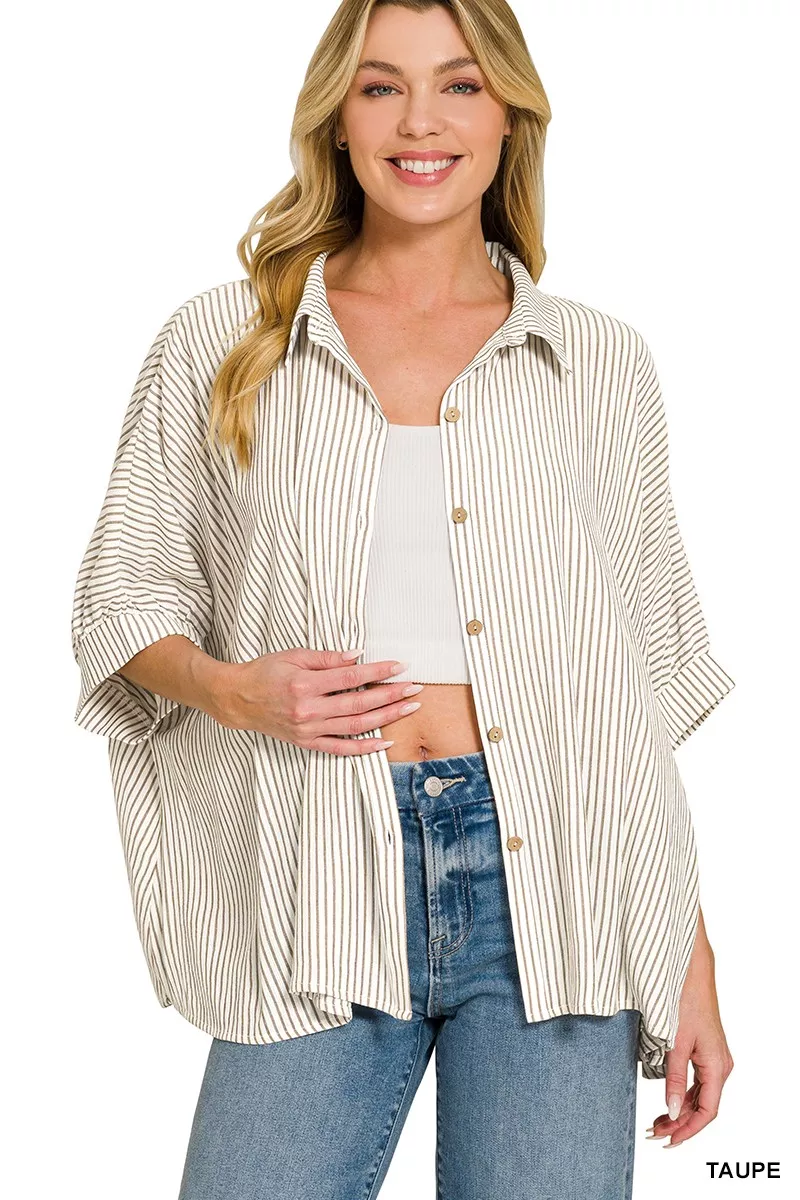 Full Size Woven Stripe Button Down Boxy Shirt Plus Size, image 7